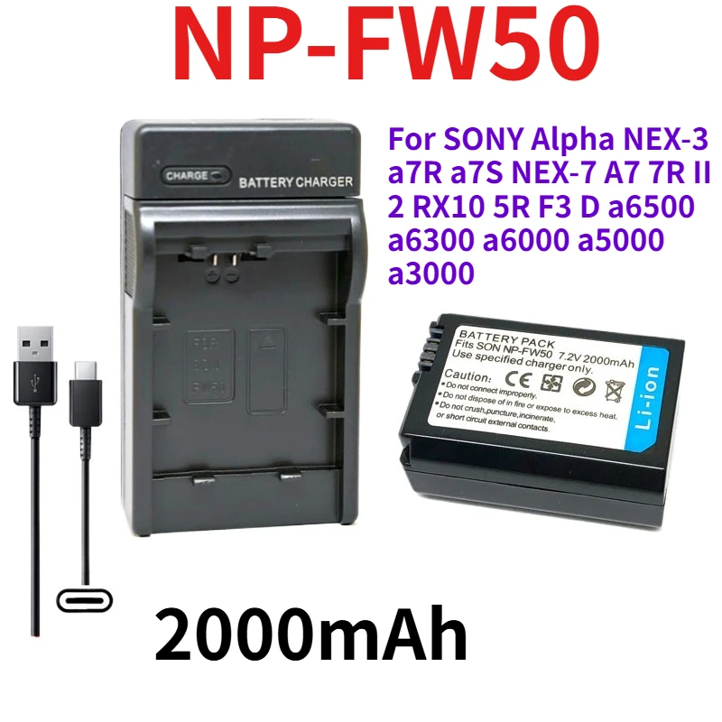

2000mAh NP-FW50 Battery Charger For SONY Alpha NEX-3 a7R a7S NEX-7 A7 7R II 2 RX10 5R F3 D a6500 a6300 a6000 a5000 a3000