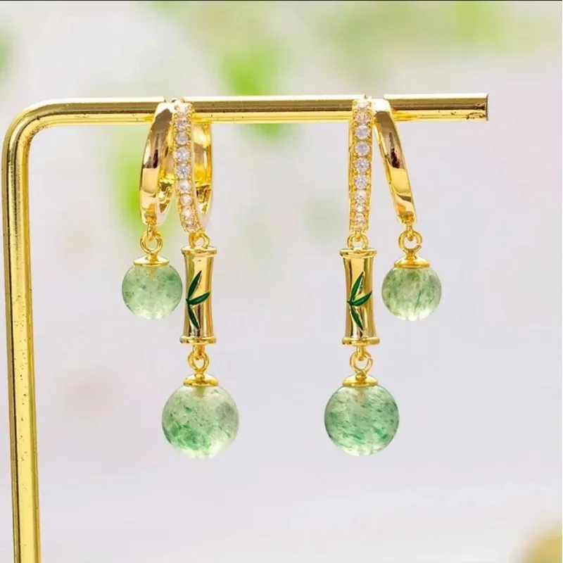 Zircon Golden Bamboo Jade Bead Pendant Earrings For Women Fashionable Personalized Daily Accessory Party Jewelry Birthday Gifts