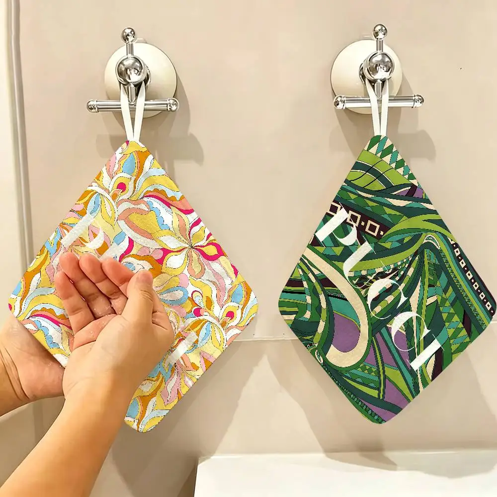 E-Emilio P-Pucci Logo Hanging Polyester Cotton Towel, Reusable Hand Wiping Cloth, Wear Resistant For Home Kitchen Sink