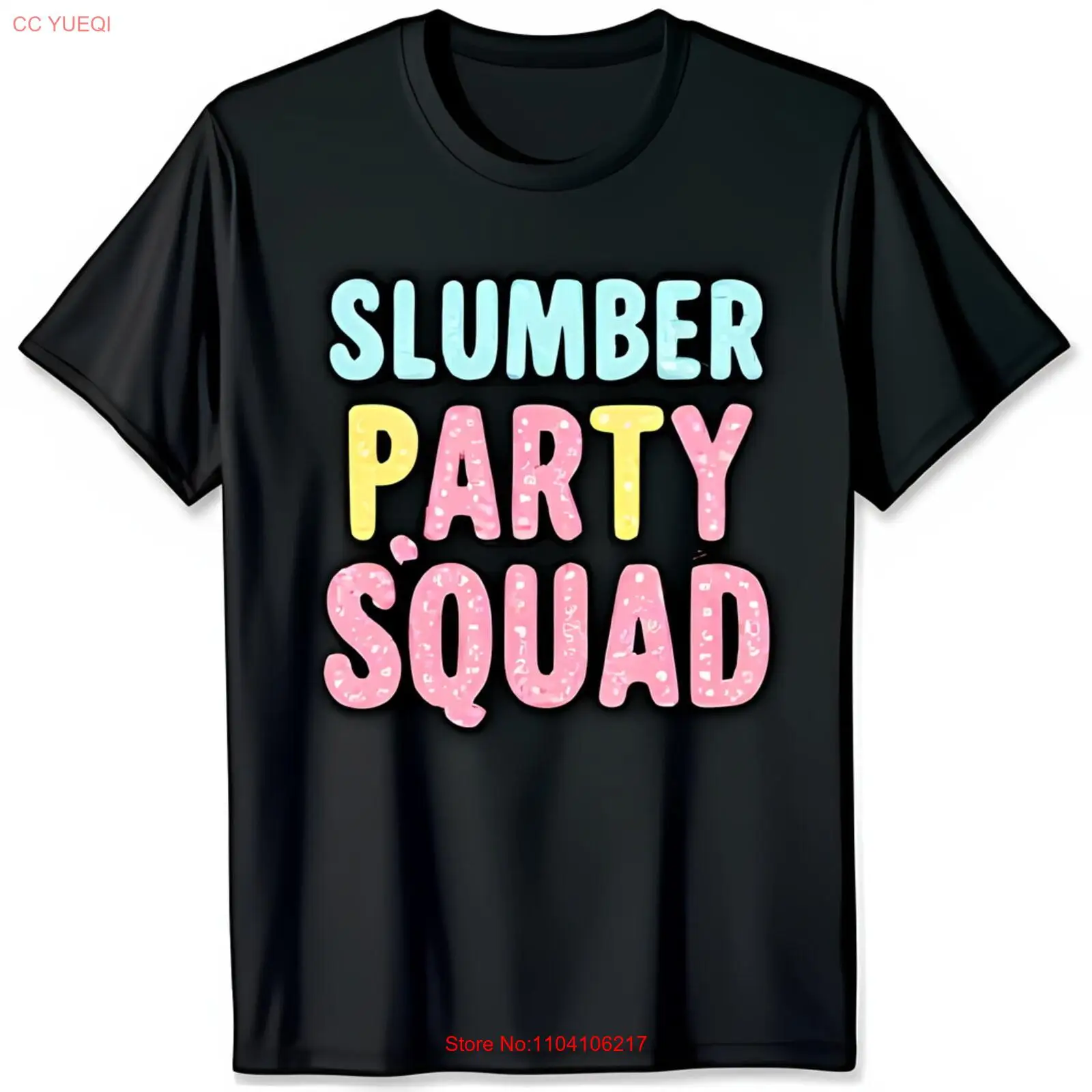 Whimsical Black T-Shirt with Sparkly Slumber Party Squad Design Fun