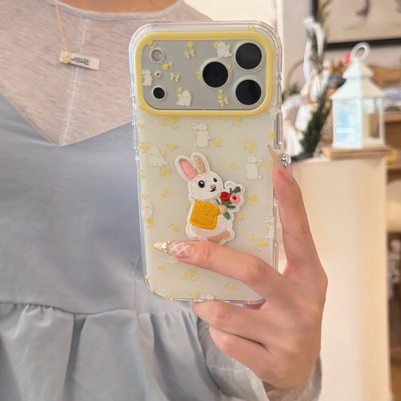 

Korean Yellow Little Flower Rabbit Cute Phone Case For iPhone 17 Pro 14 15 16 Pro Max Back Cover Shockproof Protective Cases Fun