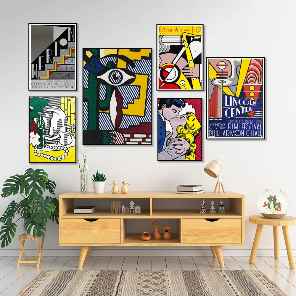

Roy Lichtenstein, Lincoln Center 1966, Water Lilies and Clouds, Still Life and Figures, Lichtenstein Painting Pop Art Poster,