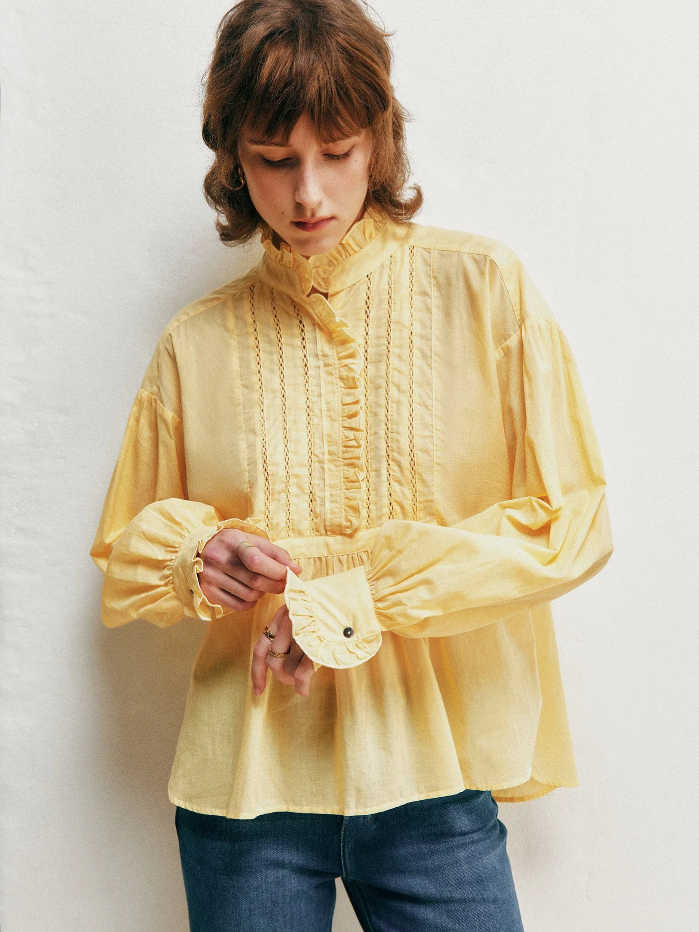 

Хлопковая блузка Sunlight Ripple с высоким содержанием хлопка, тонкая, с кружевными вставками, ажурная, из чистого хлопка, с деревянным воротником, французский стиль, рукава-фонарики