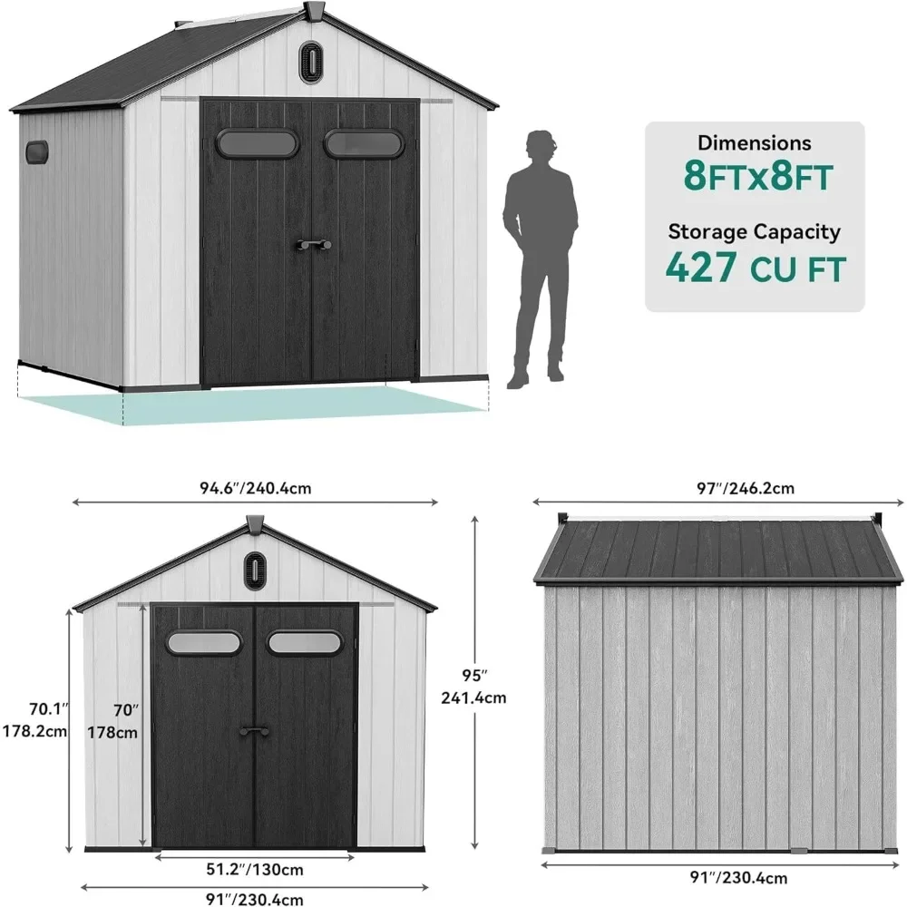 8x8ft Outdoor Plastic Storage Shed with Floor, Lockable Door, Windows & Vents, 427 cuft Waterproof Garden Shed