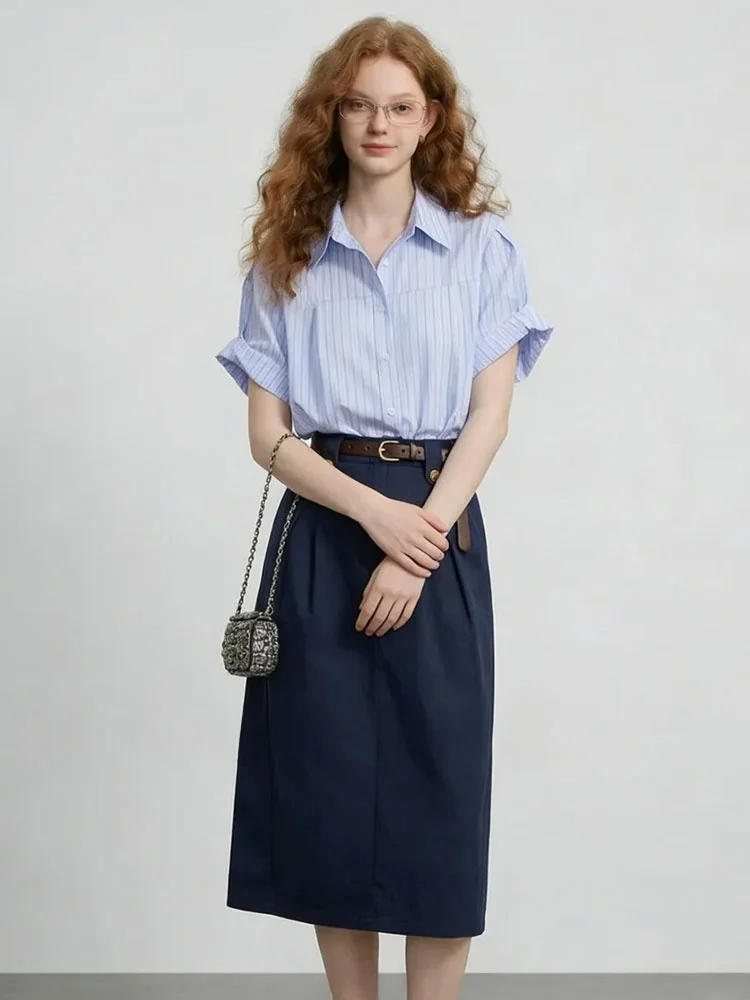 

Elegant Blue Striped Short Sleeve Shirt High Waist Skirt Two Piece Set Women Summer Fashion Casual Workwear French Style Shirt