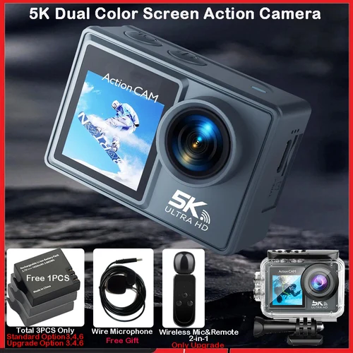 Cámara de acción 5K 4K60FPS Dual IPS Touch LCD DVR EIS 170 ° Cámara deportiva con zoom 5X resistente al agua 30M con micrófono inalámbrico y control remoto Con menú en español
