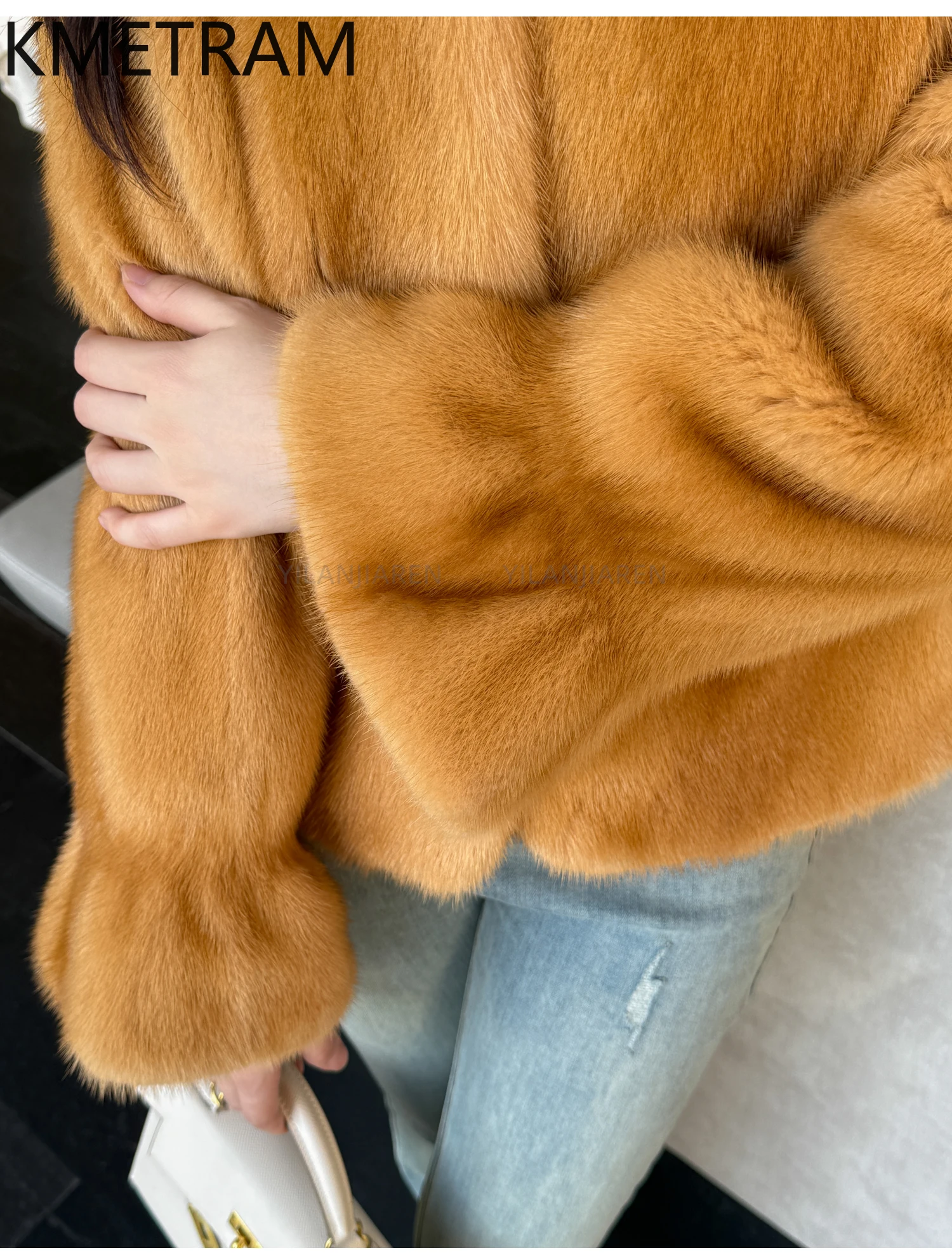 KMETRAM 100% ミンク毛皮ジャケット レディース スタンドカラー ショート丈 本物の毛皮コート フレア袖 冬服 女性用 2025年モデル