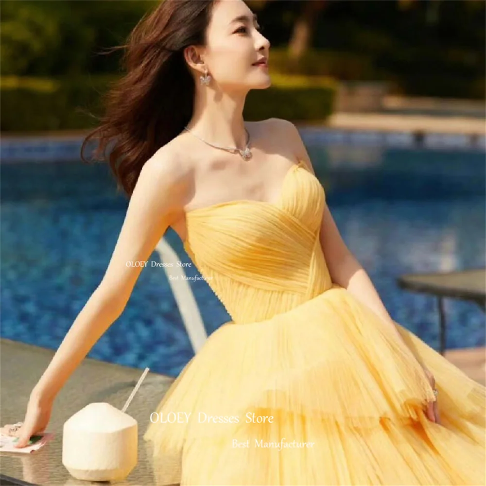 OLOEY Pastrol Yellow Sweetheart Prom Dresses Korea Photoshoot Tiered Organza Customized Wedding Party Gowns Perform Gowns