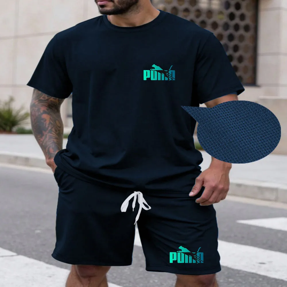 

New summer fitness sportswear for men, short-sleeved T-shirt and shorts two-piece set, breathable and quick-drying casual wear.