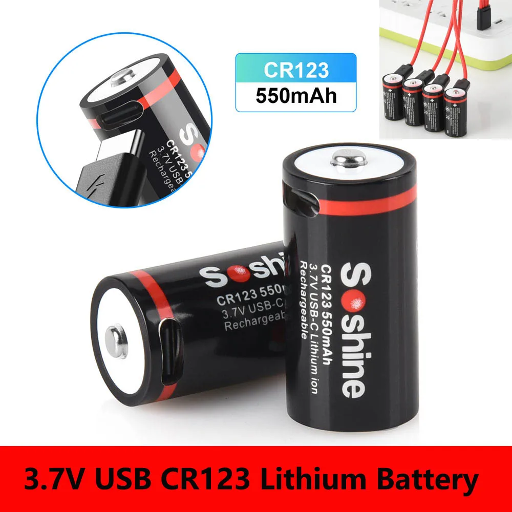 Soshine USB 16340 550mah Rechargeable Battery 3.7V CR123 RCR123 Lithium Battery 100% Original Batteries for Flashlight Camera