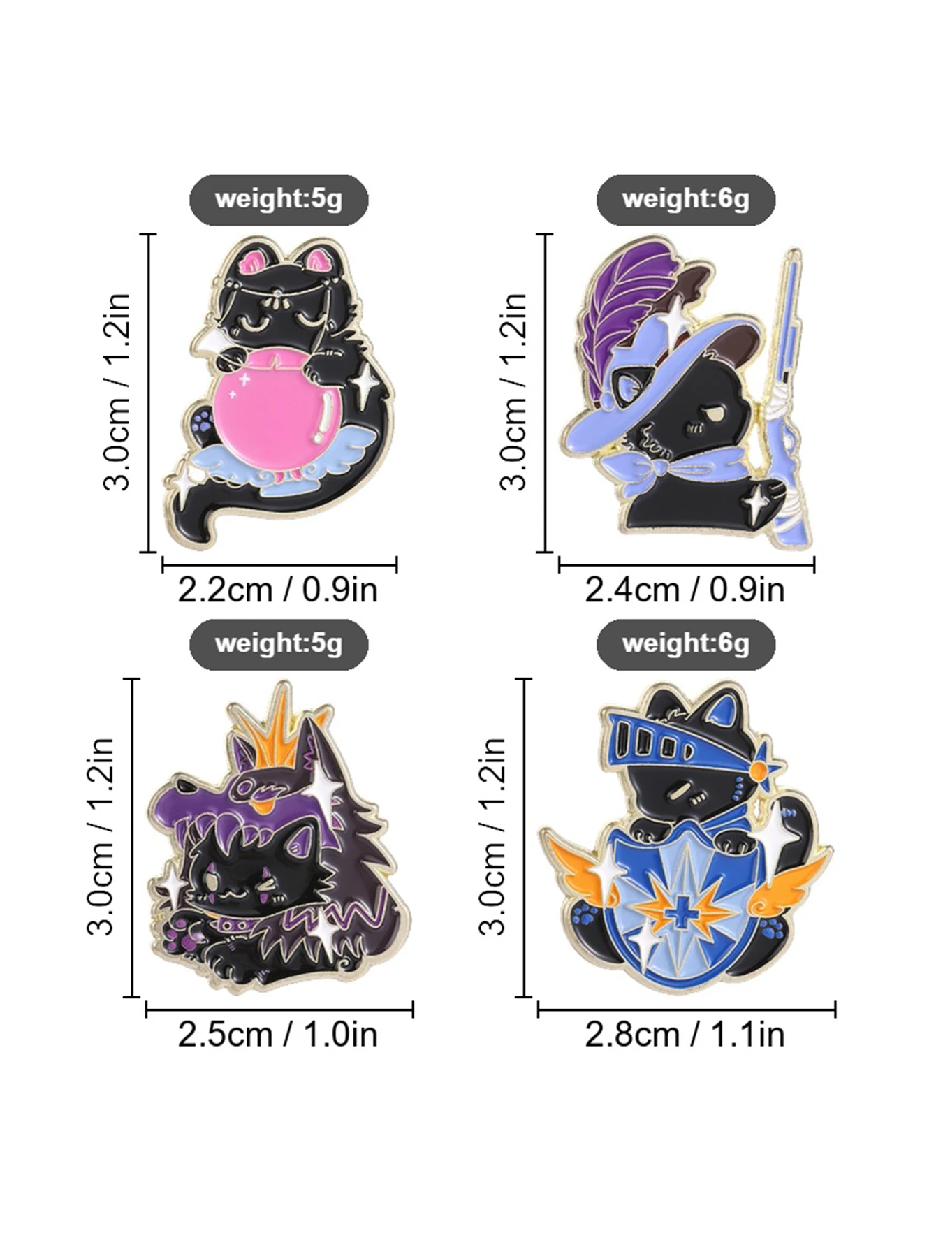 4 Pieces of Fantasy Black Cat Stories｜Wizard Knight Little Black Cat Enamel Brooch Cute Metal Badge Backpack Accessories