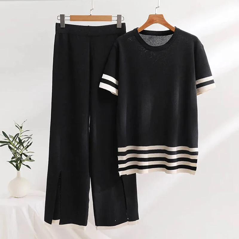 Casual Short Sleeve Pajama Sets 2 Piece Loungewear Women Set Side Slit Knit Tracksuit Stripe Summer Two Piece Set For Women 2024