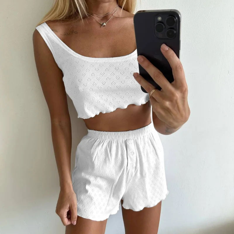 Women\'s Summer Sleepwear Sexy Casual Pajama Set Button Decor Sleeveless Comfortable Top With Elastic Shorts Nightwear 2 Piece