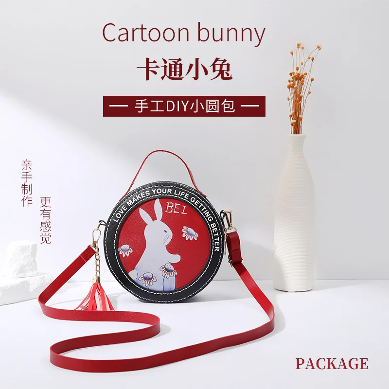 Diy Cute Cartoon Rabbit Shoulder Cross-body Handbag. Hand-woven Red Round Bag Material. Handmade Practical Gifts For Friends