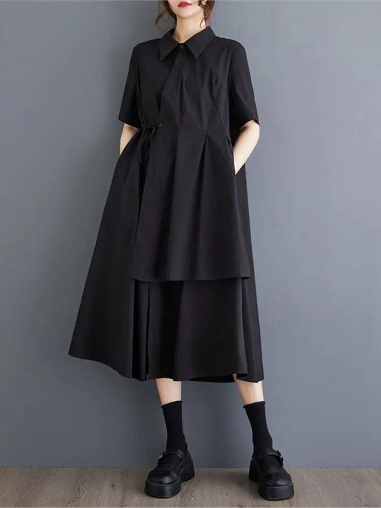 Oversized Summer Midi Shirt Dress Women Irregular Patchwork Fashion Loose Pleated Ladies Dresses Short Sleeve Casual Woman Dress