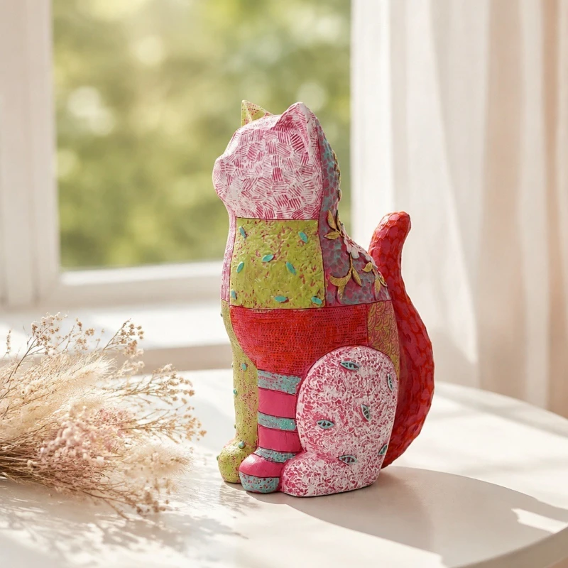 Painted patchwork art sitting cat ornament,colored relief cat statue,living room art decorations home accessories,Christmas gift