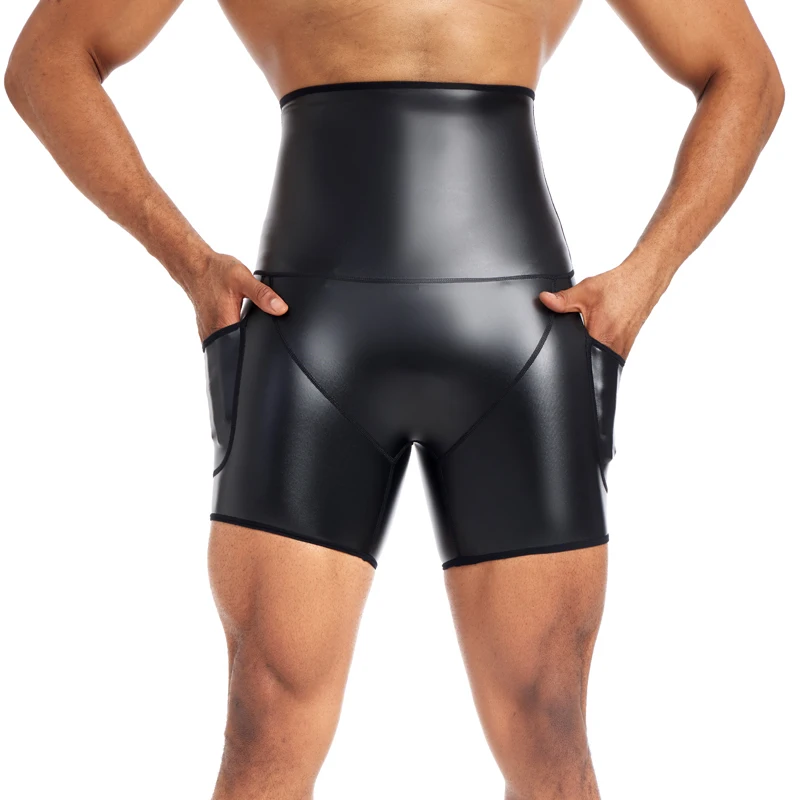 Men trend elastic shapers leather shorts, glossy finish, slimming, With Pocket, motorcycle, windproof and waterproof tight pants