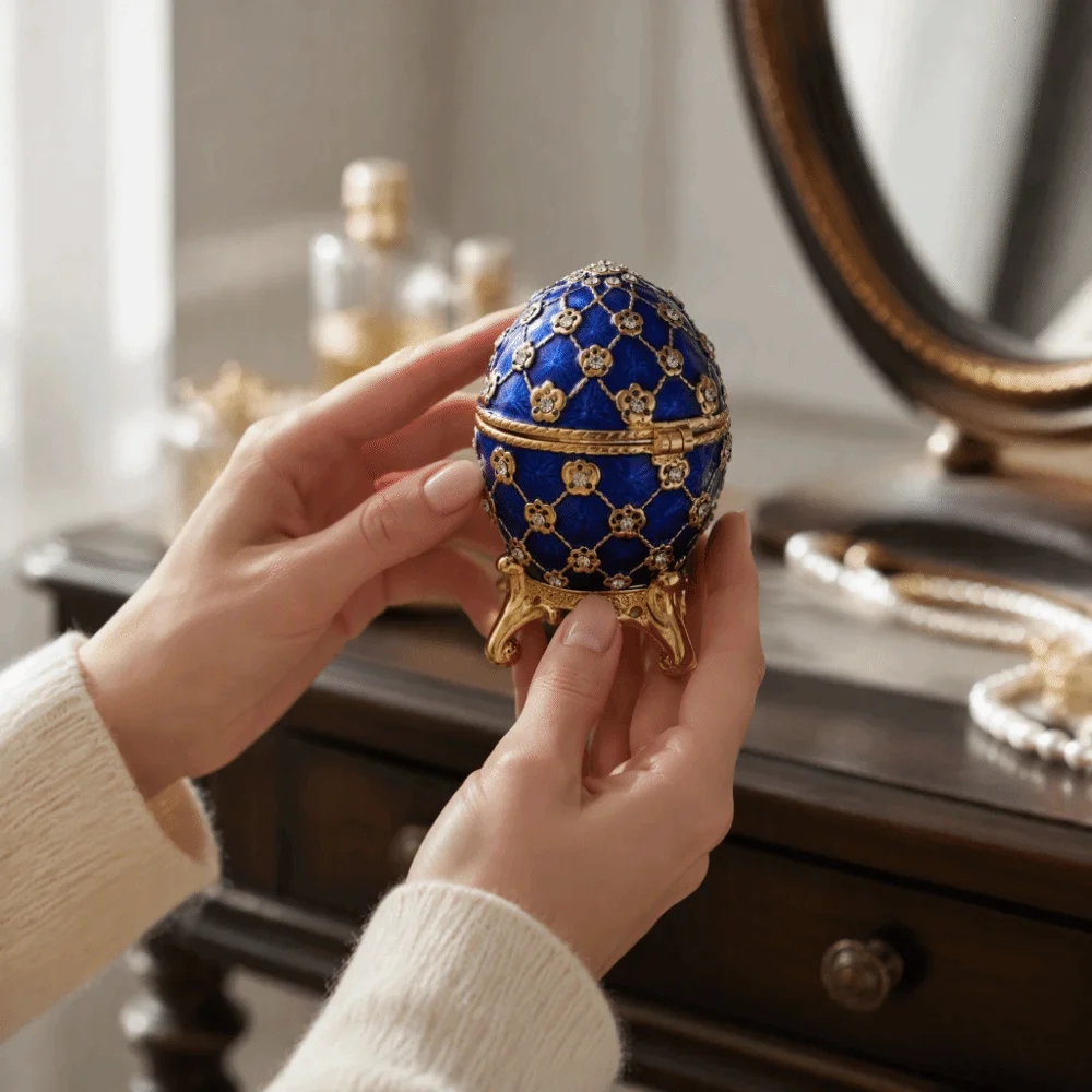 Compact Enamel Jewelry Box Hinged Lid Rhinestone Decoration Egg Trinket Box Zinc Alloy Blue Color Hinged Jewelry Box