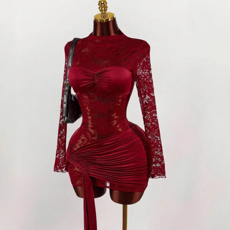 

French Lace Sheer Dress Waist-Cinching Pleated Strap Slim-Fit Bodycon Skirt