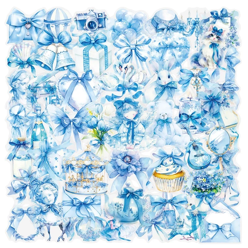 

50PCS Kawaii Blue Bow PET Sticky Sticker Aesthetic Tear Open Korean Decoration Scrapbooking Stationery Supplies for Kids