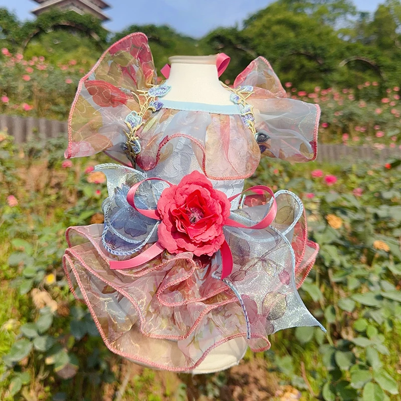 Princess Style Lace Tail Gown for Small & Medium Dogs Chihuahua Poodle Fashion Pet Clothing Luxury Handmade Flower Print Dress