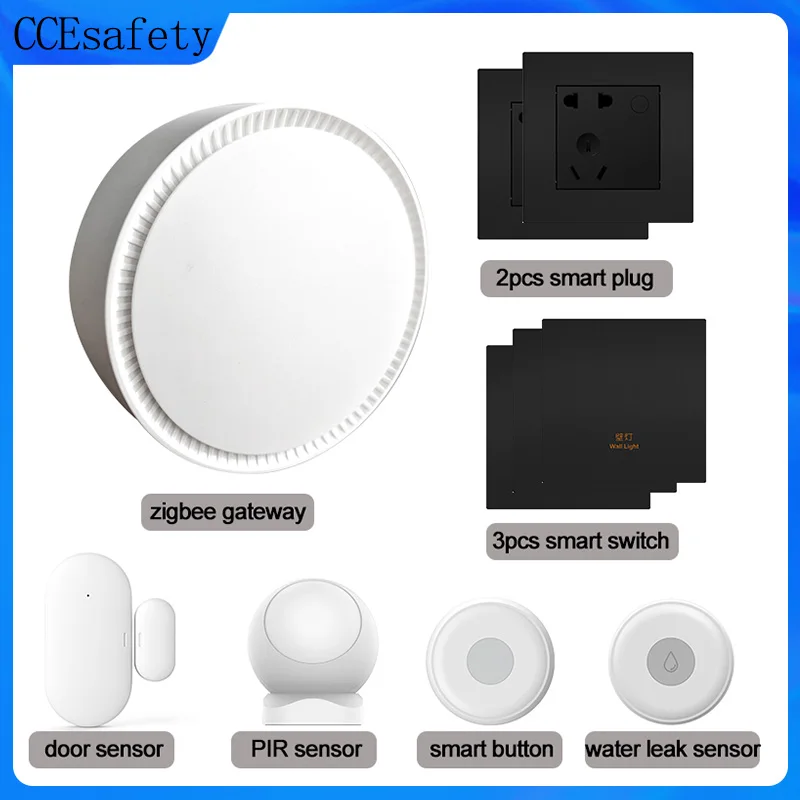 

Home Alarm Kit Zigbee Gateway Door Sensor PIR Motion Detector Remote Button Water Leak Detector 3PC Smart Switch 2PC Smart Plug