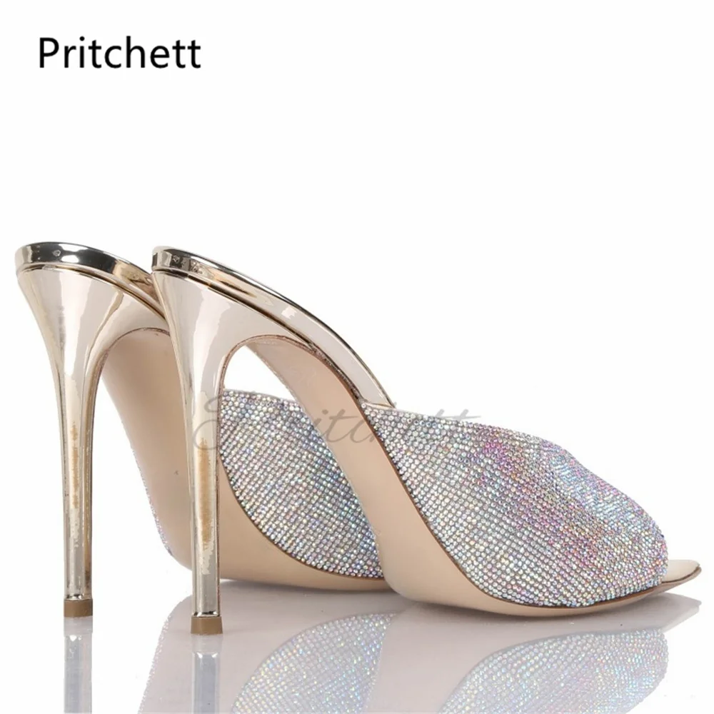Silver Rhinestone Stiletto Slippers for Women Luxury Pointed Toe High Heels Party Crystal Dress Shoes Shiny Crystal Sandals