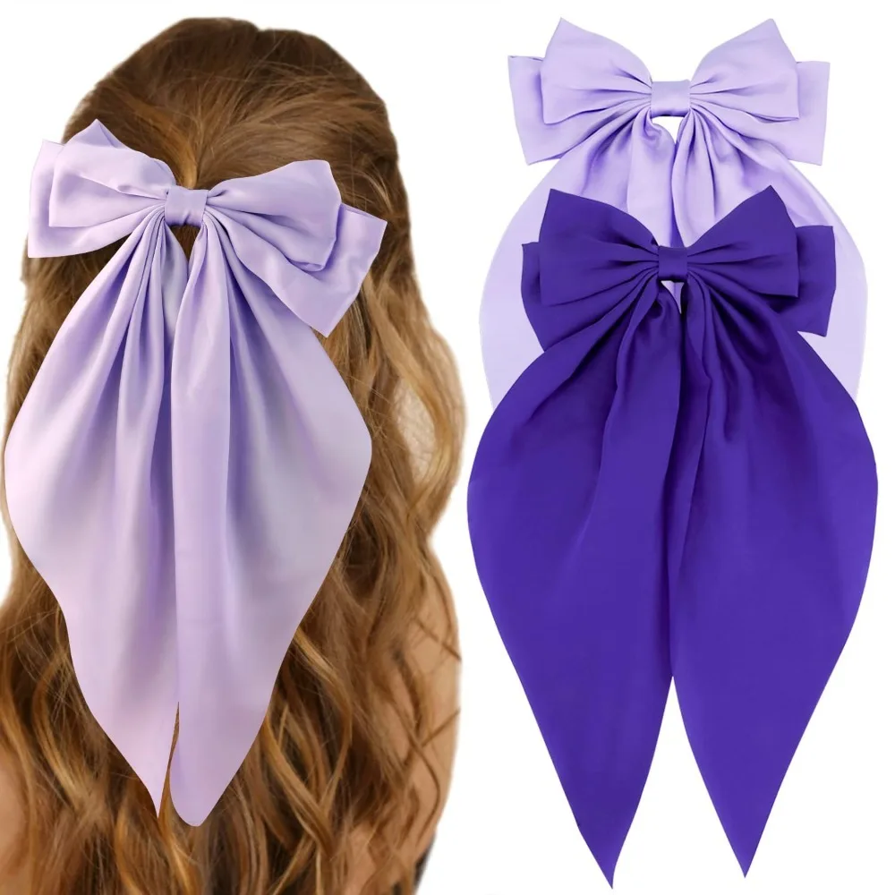

Silky Satin Purple Hair Bows 2 Pcs Big Hair Bows for Women Hair Ribbons Oversized Long Tail Bow Hair Clips Large Hair Ribbon Bar