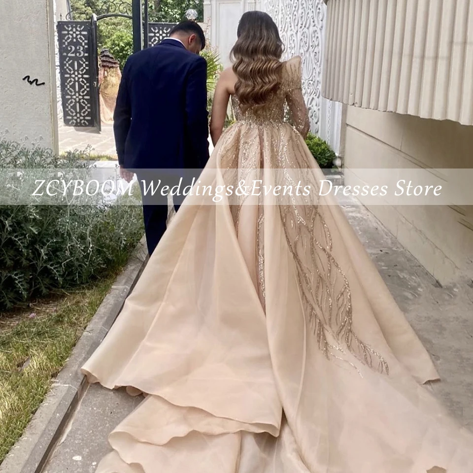 Customized Champagne One-Shoulder Sequin Sparkly Evening Dress 2024 Mermaid Floor Length Sweep Train Tulle Zipper Prom Dress