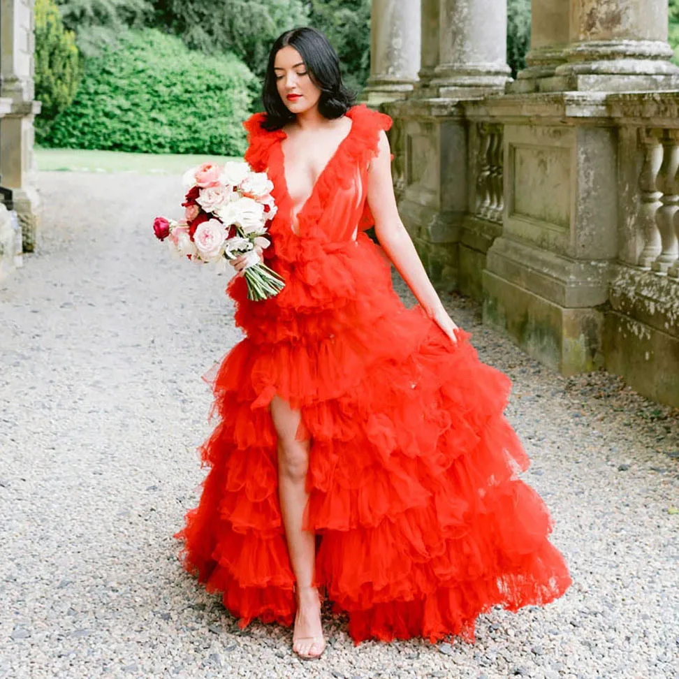 Hot Sale Red Layered Tulle Bridal Dress Long Train Puffy Mesh Wedding Photography Dresses Custom Made Garden Prom Party Dresses