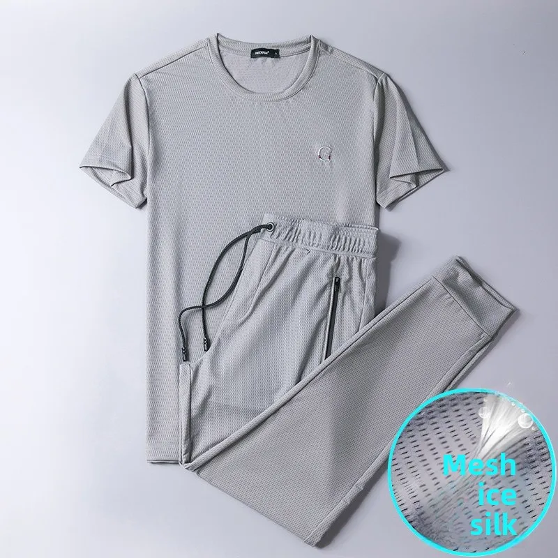 

Ультратонкий летний спортивный комплект из ледяного шелка для мужчин: повседневный костюм для бега и отдыха, удобный и дышащий, из двух предметов