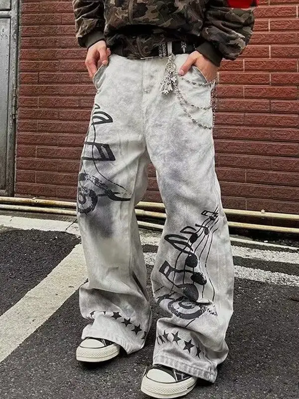

Washed out American High Street Style Loose Fit Casual Jeans for Men And Women Straight Leg Trendy Star Print Versatile Long ...