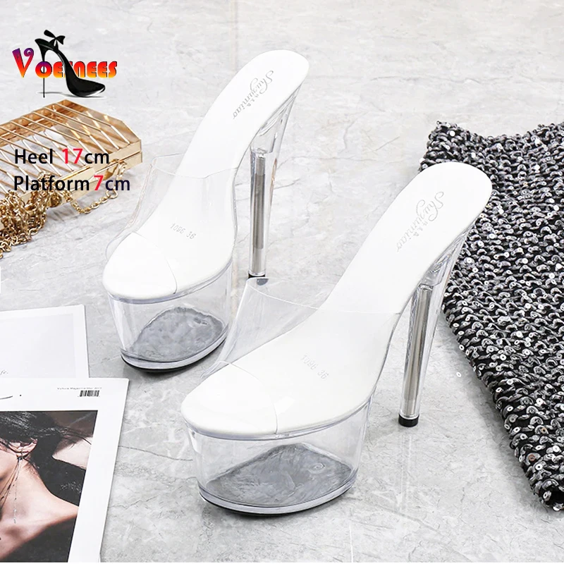 17CM Platform Sandals Slip-On High Heels Women Shoes Sexy PVC Transparent Crystal Slippers 2024 Summer Nightclub Stripper Heels