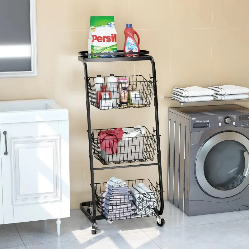 3-Tier Storage Basket with Wheels Large Capacity Kitchen Organizer Multifunctional Fruit and Vegetable Rack Black Mobile