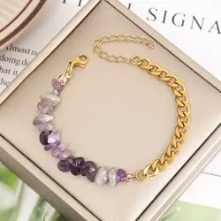 Bracciali bohémien bracciale in pietra viola di cristallo naturale in acciaio inossidabile 316l per regali di gioielli per le vacanze da donna Dropshipping