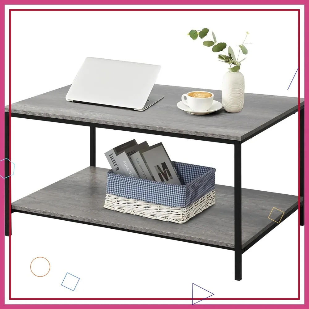 

2-уровневый журнальный столик с полкой для хранения, прямоугольный деревянный и металлический боковой столик из серого дуба, устойчивая подставка под телевизор для гостиной