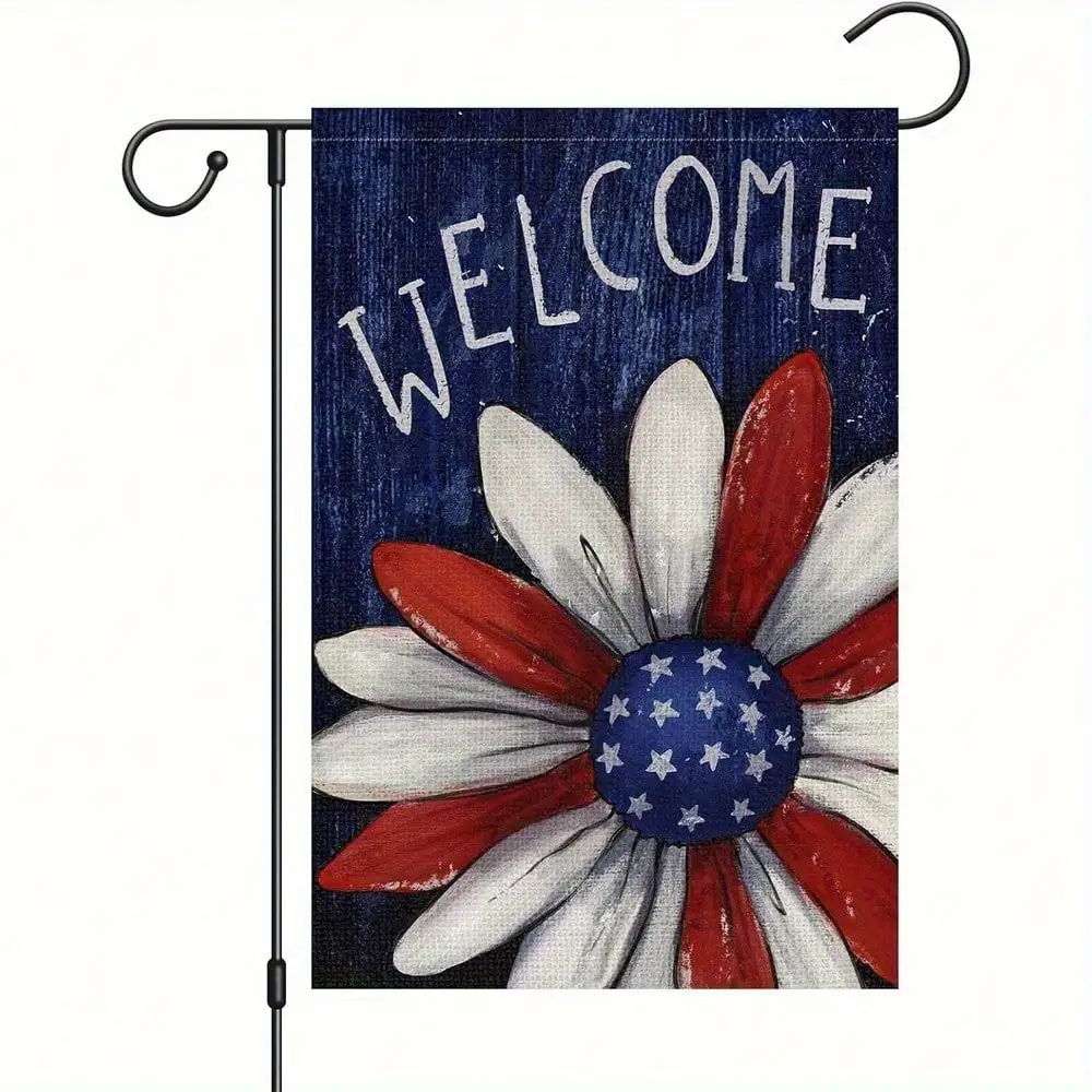 

1pc July 4th Garden Flag 12x18inch Vertical Polyester, Patriotic Daisy Welcome Design Red White Blue Star Flag- Memorial Day