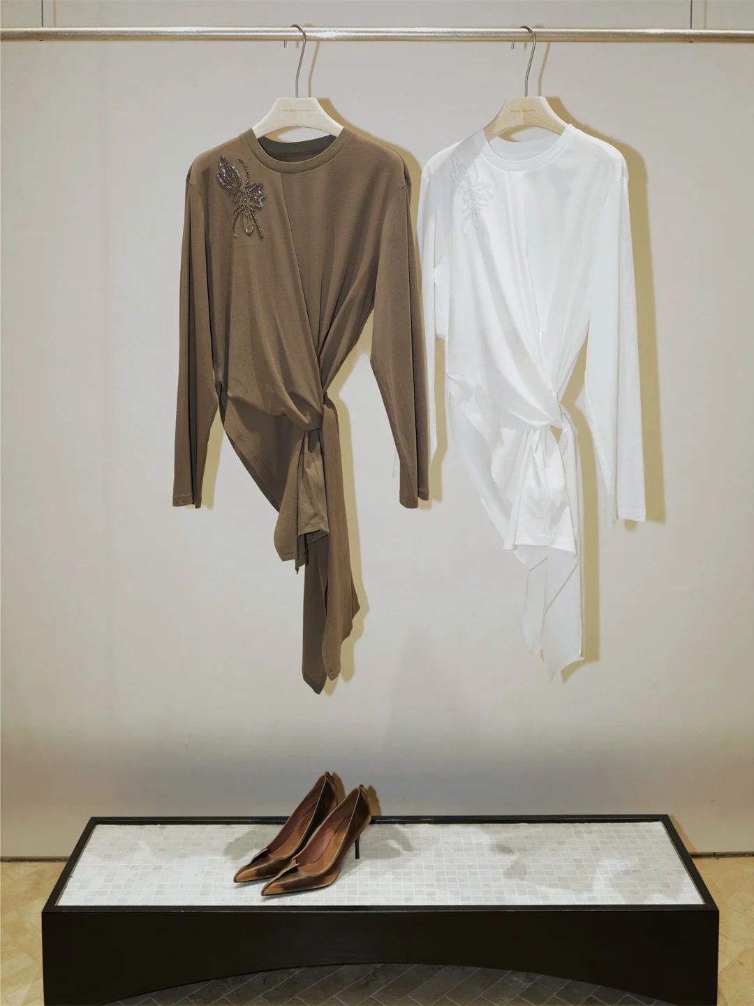 

Long Sve T-irt with Side Tie Belt And Beads Casual Loose Fit Cotton Spring Summer Autumn Two Colors Women's Top