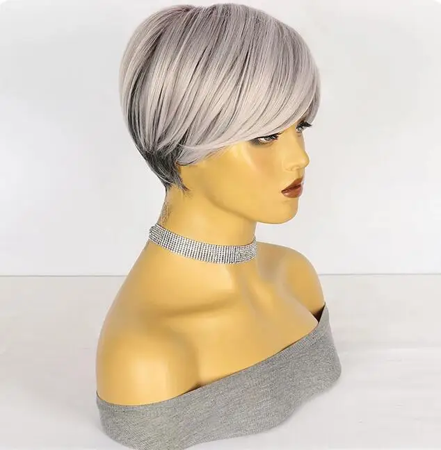 Short Straight Ombre Black Silver Gray Wigs Synthetic  Women Natural for Daily Party Cosplay