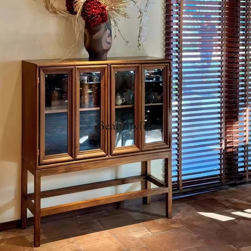 

Retro style living room tempered glass side cabinet American solid wood display storage locker