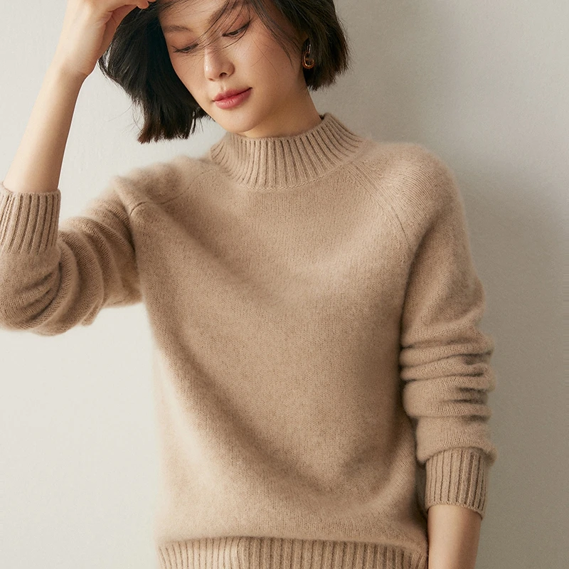 여성 100% 캐시미어 하프 하이 넥 풀오버 기본 캐주얼 긴 소매 스웨터 캐시미어 니트 의류 가을 겨울 스웨터