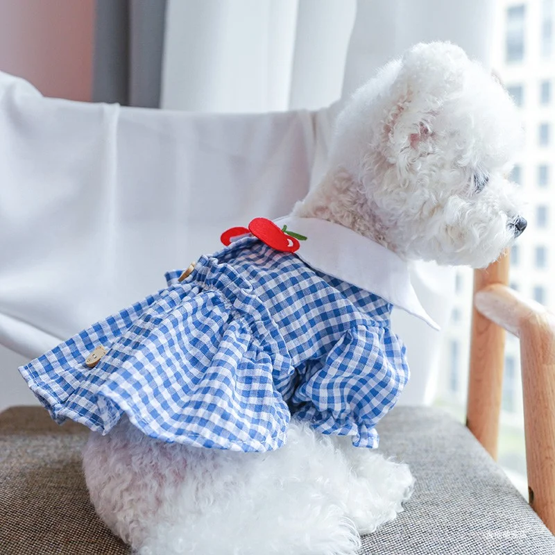 1PC Pet Apparel Cat Spring/Summer Thin Breathable Blue Plaid Apple Bear Princess Dress Suitable for Small and Medium Dogs