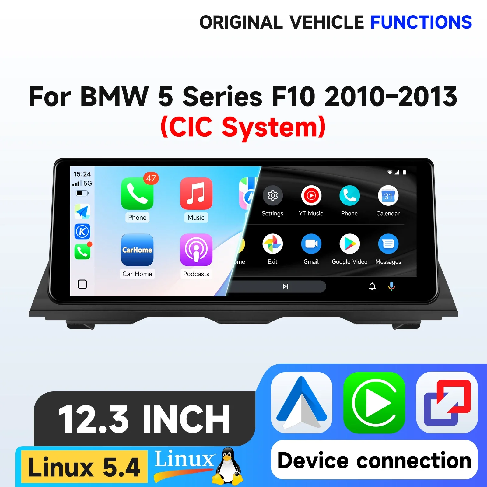 Hizpo Linux 5.4 System 12.3 inch Car Multimedia Player For BMW 5 Series F10 F11 F12 2010-2013 CIC System Car Intelligent Screen for Wireless Apple Carplay Android Auto Radio GPS Navigation Stereo Audio High-End Smart In-Vehicle Infotainment System SWC USB