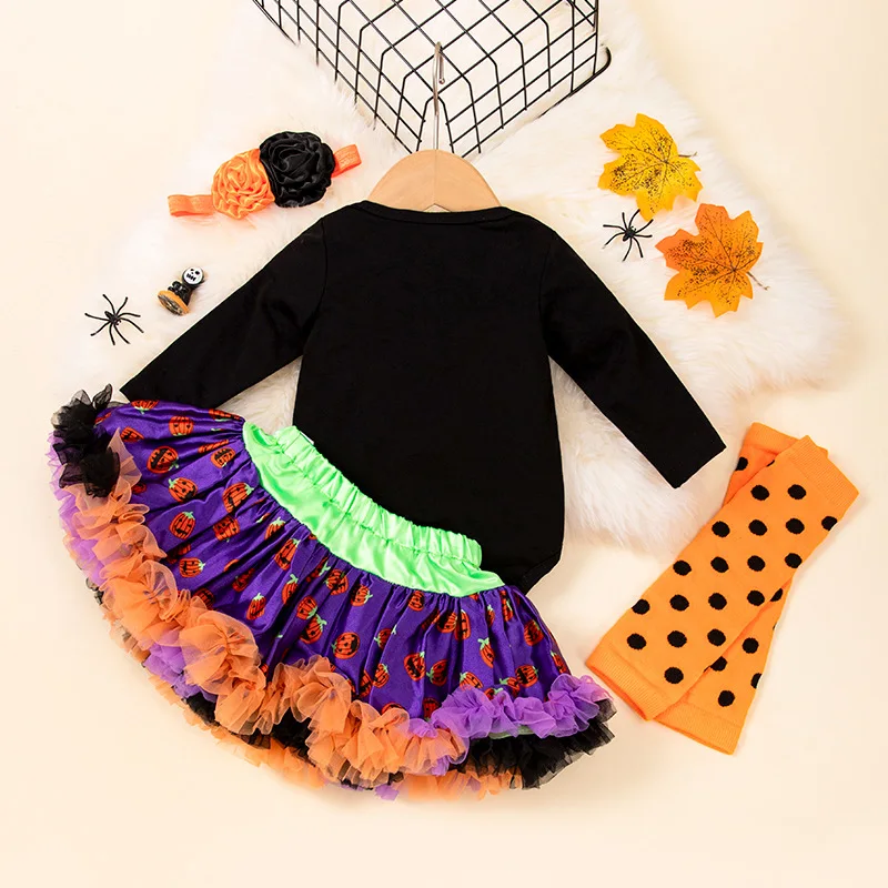 

2025Autumn and Winter New Halloween Baby Costumes for Girls Cartoon Pumpkin Long Sleeve Romper Princess Dress Set