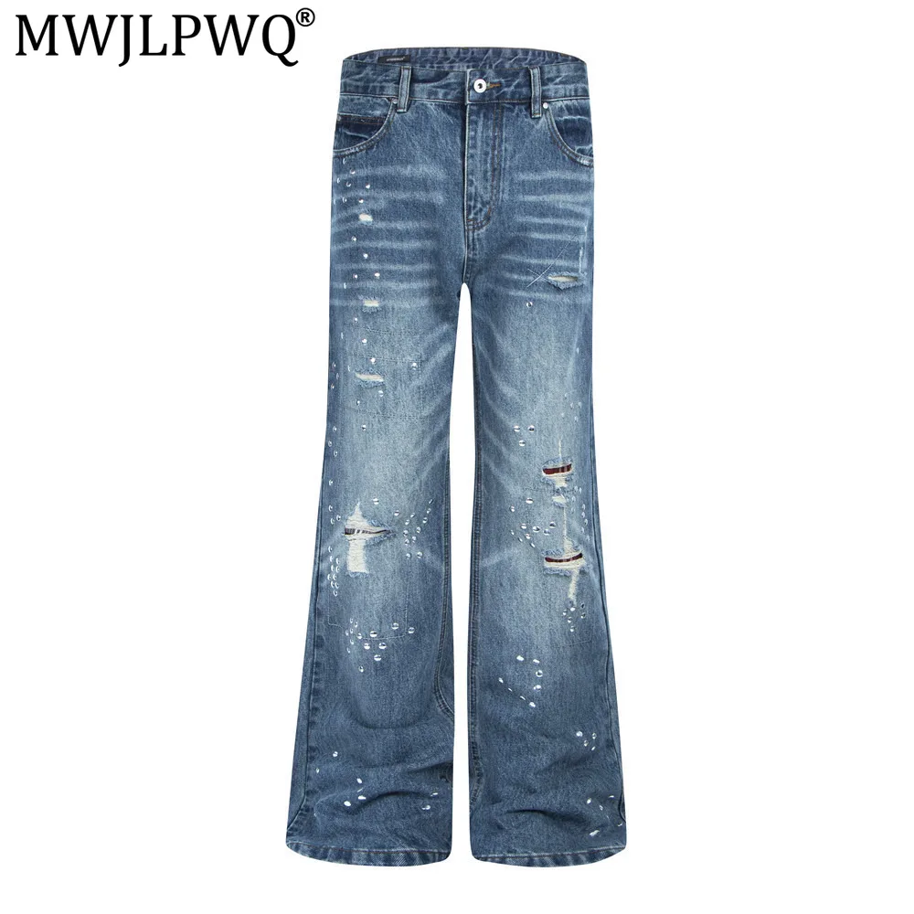 MWJLPWQ Men's Distressed Denim Flared Pants Patched Hippie Design Tide Jeans Heavy-Duty Construct Trousers 2026 Autumn 21432