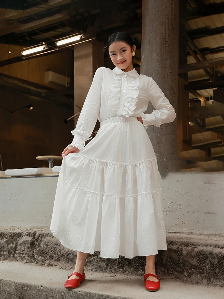 

South King White Retro Shirt Set Women's Fashion Ensemble Cotton Long Sleeve Button up Shorts Four Seasons Versatile