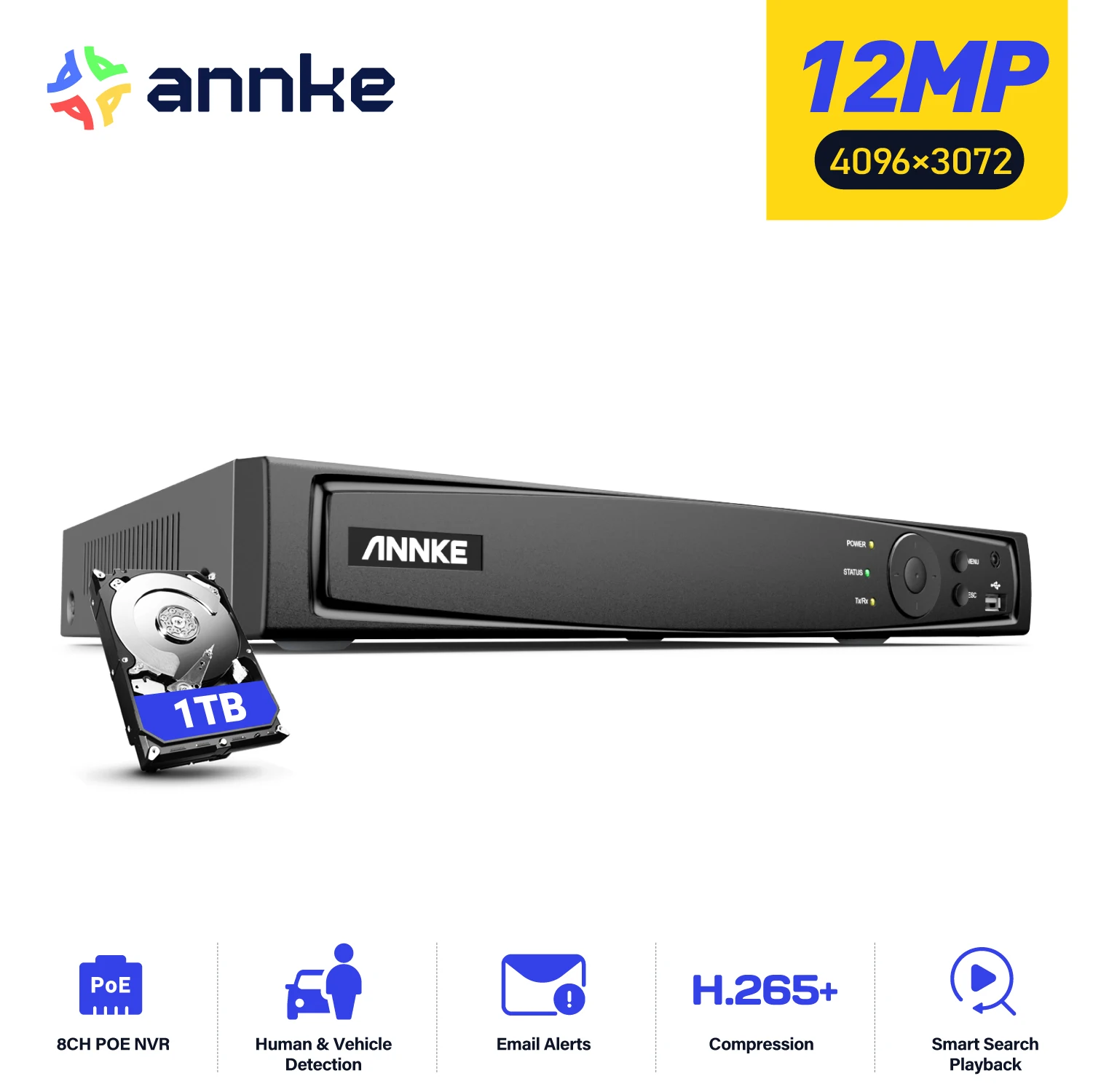 ANNKE 12MP 8CH/16CH POE Network Video Recorder for Home Security Camera System,Work with 12MP/8MP/5MP/4MP/2MP HD POE IP Cameras