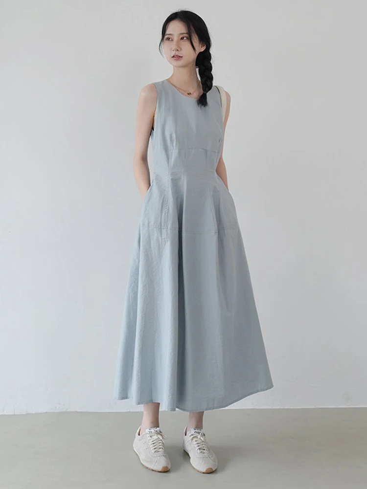 Simple Vintage White Dress Women Casual O Neck Sleeveless Retro Long Dress Korean Summer Female Pockets Loose Tanks Dress