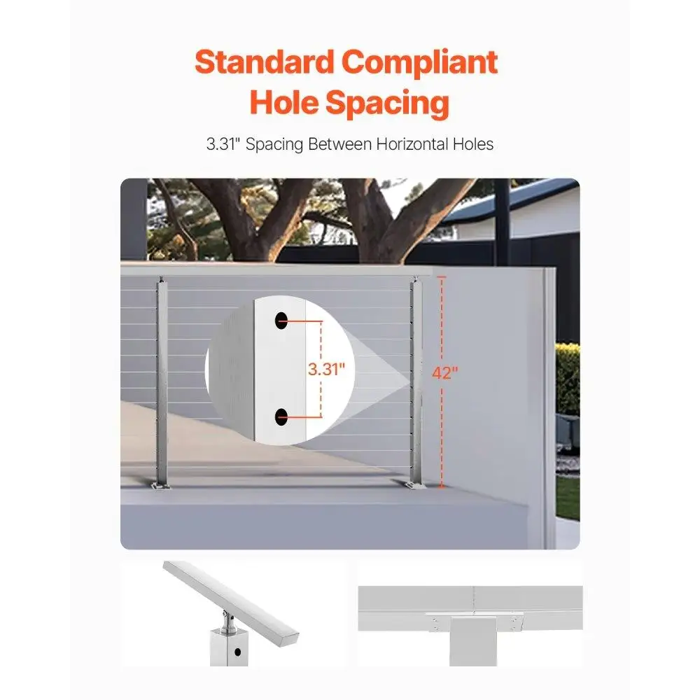 Stainless Steel Cable Railing Post 42x2x2 Inch Level Deck Stair Handrail Post Pre-Drilled Pickets with Mounting Bracket Silver