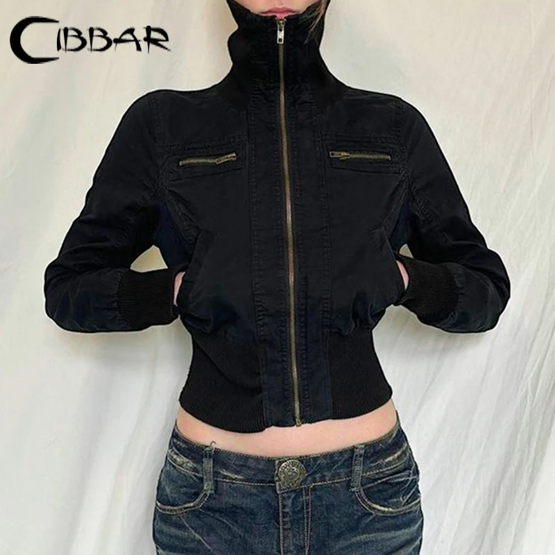 CIBBAR Streetwear Black Zip Up Jacket Autumn Winter Turtleneck Full Sleeve Cropped Jackets for Women y2k Vintage Ladies Outwear